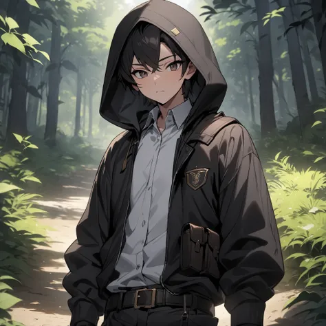 Masterpiece, High quality, Best quality, Quality masterpiece, solo man, Male, Teen, head, Short hair, Black hair, Dark brown eyes, academy school uniform, black gloves, fingerless gloves, wide collar, Hoody, Hood up, black jacket, white shirt, collared shi...