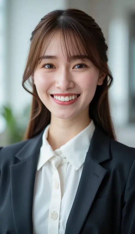 Neat Young Woman、looking at the camera、office lady suit、jacket、shirt、薄い茶髪、 、前髪あり、、smile showing teeth、顔のクローズアップ、The background is office
