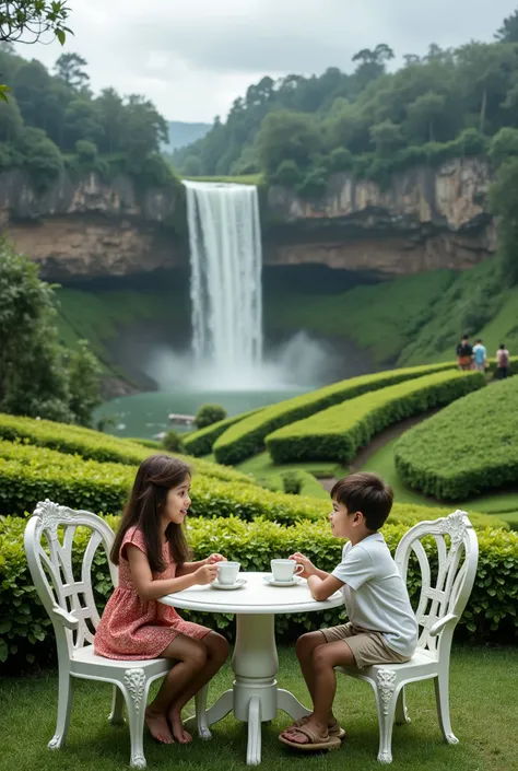 A wide scenic view of a lush green Sri Lankan tea garden with a majestic waterfall in the distance. In the garden, an antique white round table and two white chairs are placed. A sister and her younger brother are sitting on the chairs, enjoying tea togeth...