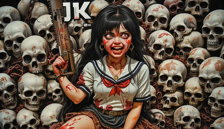Nsfw,((This is a vintage movie poster for the film "JK Chainsaw":1.5)),1960's poster,as she wields a chainsaw,blood on face,blood splatter,1 アンドロジナス,Alone,美しい顔,釣り目,黒 hair,long hair,ボブカット,crazy grin,heavy make up,open mouth,blood on mouth,((wearing Japanese...