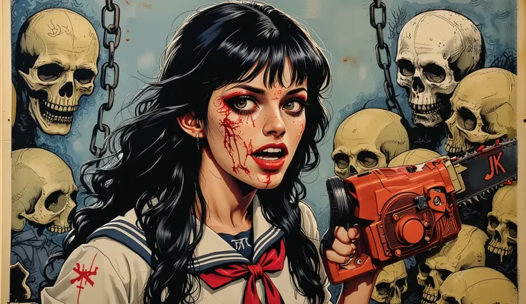 Nsfw,((This is a vintage movie poster for the film "JK Chainsaw":1.5)),1960's poster,as she wields a chainsaw,blood on face,blood splatter,1 アンドロジナス,Alone,美しい顔,釣り目,黒 hair,long hair,ボブカット,crazy grin,heavy make up,open mouth,blood on mouth,((wearing Japanese...