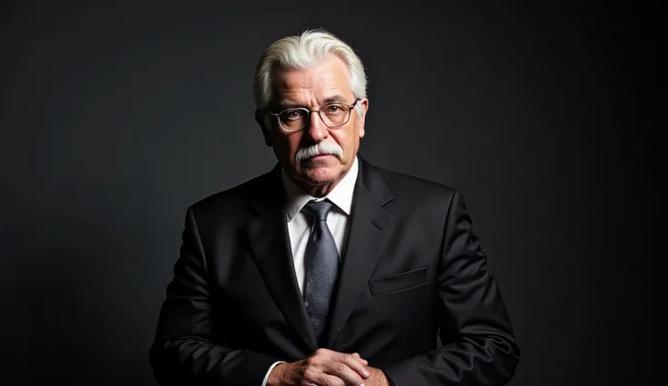 A mysterious presenter, just over 65 years old, white hair, white mustache, glasses, wearing a classic dark suit and tie, clean-shaven and with his hair parted to the side, in a minimalist, shadowy studio with dramatic lighting, inspired by the noir TV sho...