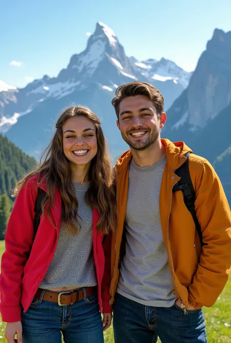  two happy 21 years  student girl and boy in Italy, in happy mood, Italy The Dolomites is in background, masterpiece, 32k, realistic, vibrant colour, 