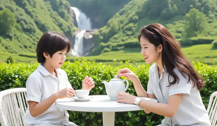 A peaceful open tea garden with an antique white round table and white chairs in the center. A sister and her younger brother sit happily, sharing tea. On the table are two elegant white tea cups and a teapot. In the distance, a waterfall cascades down gre...