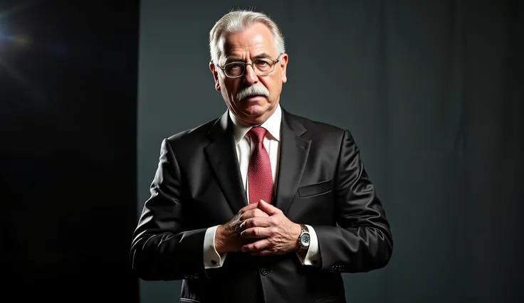 A mysterious presenter, just over 65 years old, white hair, white mustache, glasses, wearing a classic dark suit and tie, clean-shaven and with his hair parted to the side, in a minimalist, shadowy studio with dramatic lighting, inspired by the noir TV sho...