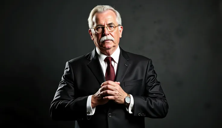 A mysterious presenter, just over 65 years old, white hair, white mustache, glasses, wearing a classic dark suit and tie, clean-shaven and with his hair parted to the side, in a minimalist, shadowy studio with dramatic lighting, inspired by the noir TV sho...