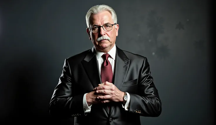 A mysterious presenter, just over 65 years old, white hair, white mustache, glasses, wearing a classic BLUE MATALLIC suit and tie, clean-shaven and with his hair parted to the side, in a minimalist, shadowy studio with dramatic lighting, inspired by the no...