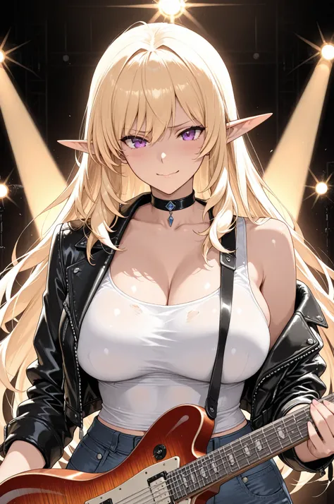 ((Top Quality)), ((Excellent)), (Details), masterpiece, best quality, UHD, ((Best quality, 8k, Masterpiece:1.3)), A close-up anime-style illustration of a charismatic female elf guitarist, about 28 years old, radiating confidence and maturity. She has eleg...