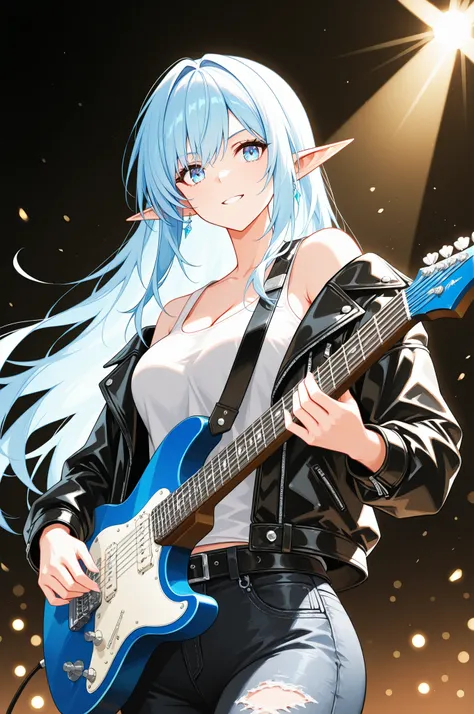 ((Top Quality)), ((Excellent)), (Details), masterpiece, best quality, UHD, ((Best quality, 8k, Masterpiece:1.3)), A close-up anime-style illustration of a charismatic female elf guitarist, about 28 years old, radiating confidence and maturity. She has eleg...