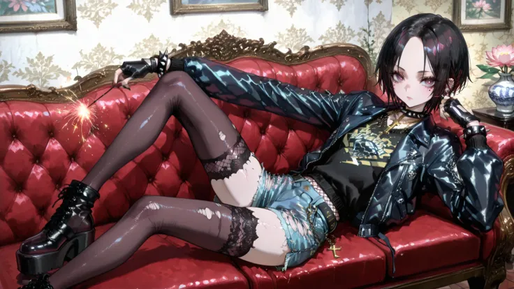 nana osaki \(nana\) a young punk woman sitting on a red velvet couch, look like a tough Goth-punk rocker, holding a sparkler in her right hand and wearing a black  sweater with blue and yellow stripes and denim shorts. on the middle of the image, a 20-year...