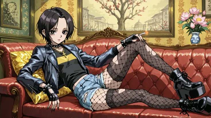 nana osaki \(nana\) a young punk woman sitting on a red velvet couch, look like a tough Goth-punk rocker, holding a cigarette in her right hand and wearing a black sweater with blue and yellow stripes and denim shorts. on the middle of the image, a 20-yea...