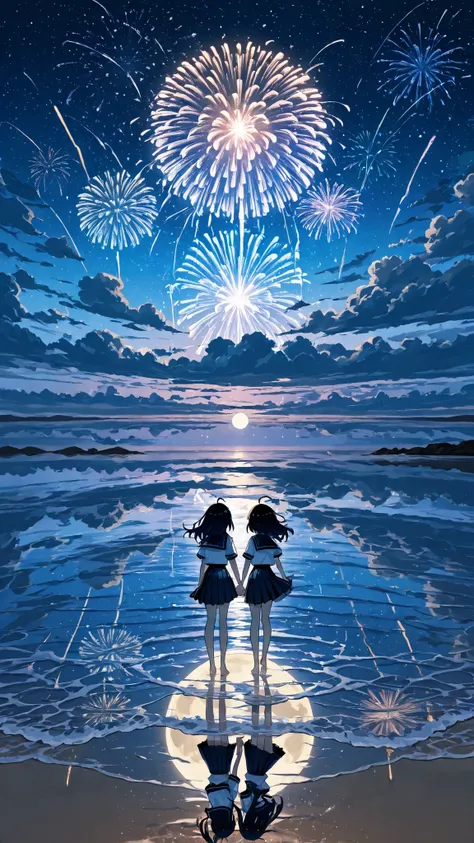 Reflection, Outdoors, moon, Scenery, Blue Sky, water, Cloudy sky, Horizon,s4ltflats,cute,748cmstyle,Highest Quality, masterpiece, Ultra High Definition, 2 girls, Holding hands, school uniform, Barefoot, seaside at night, Let's raise our hands above our ch...