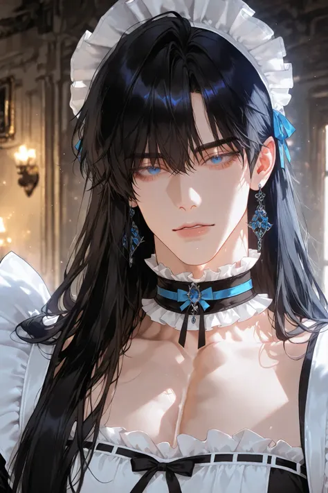 A handsome Korean adult “male“ with black fluffy long hair and light detailed eyelashes and blue eyes and a delicate impression is wearing a maid outfit and a frilled choker, dramatic cinematic ambient, semi-realistic, snapshot, half-upper-body, casual pos...