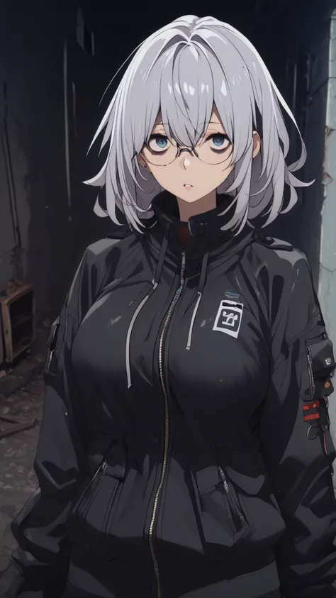 high school girl、(long unkempt gray hair、big breasts、dark circles under eyes、glasses) 、((cute、No expression、sexy tech wear、black jacket、Frightened、is looking over here、1girl))、Standing picture、Abandoned House、anime style、high image quality、High Quality