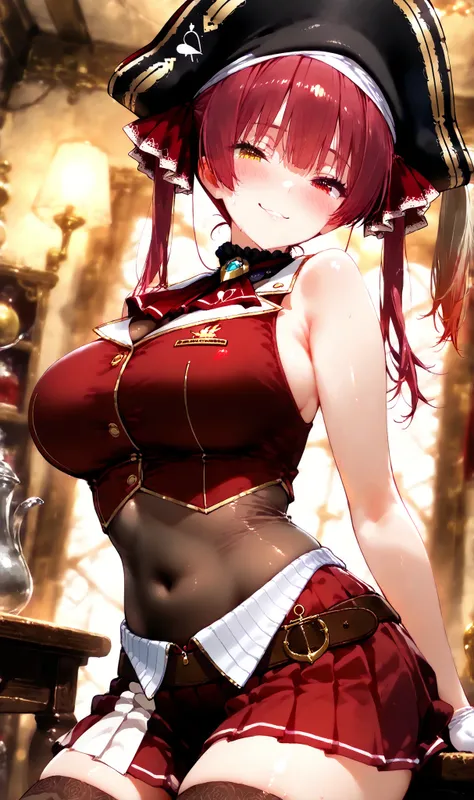 1 girl, alone, high resolution, masterpiece, best quality, detailed CG, detailed face, detailed skin, straight bangs, blush, bright, houshou marine, heterochromia, red eyes, yellow eyes, red hair, pigtails, medium breasts, red ribbon, red top, sleeveless, ...