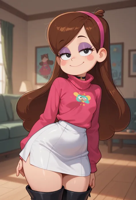Mabel Pines, blush stickers, brown hair. black eyes. half-closed eyes, small breasts, huge hips. long eyelashes, choker. | score_9,score_8_up,score_7_up,score_6_up,blurry,blurry background,source_cartoon,1girl,solo,hairband,white skirt,makeup,eyeshadow,boo...
