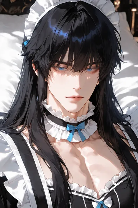 A handsome Korean adult “male“ with black fluffy long hair and light detailed eyelashes and blue eyes and a delicate impression is wearing a maid outfit and a frilled choker, dramatic cinematic ambient, semi-realistic, snapshot, half-upper-body, casual pos...