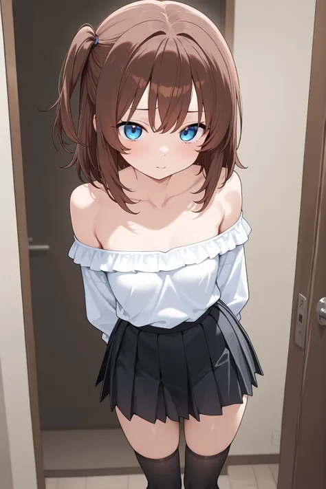 1 Girl,brown hair color medium hair, Side Tail, cute face、blue eyes、white off-shoulder shirt,I can see my collarbone,Black Pleated Skirt, black knee-high socks, slender thighs, small tits