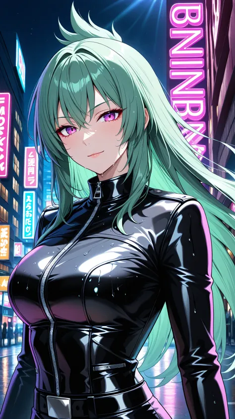 solo, kanzaki_saya,  Green hair, long hair, mature woman, Tight waist、Small waist、shiny Skin ,  (upper body),  standing, wearing a black leather biker jacket (shiny, long sleeves, diagonal zipper, silver hardware, belt), night city background with neon sig...