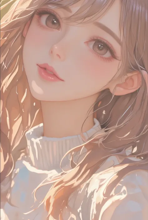 A girl with long wavy and flowing brown hair, brown eyes, sharp features, white skin, lip gloss, beautiful, perfect, wearing a sweater, accurate and detailed art, bright colors, high quality resolution .
