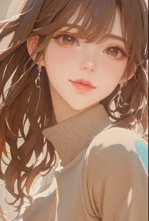 A girl with long wavy and flowing brown hair, brown eyes, sharp features, white skin, lip gloss, beautiful, perfect, wearing a sweater, accurate and detailed art, bright colors, high quality resolution .
