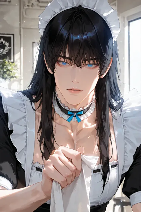 A handsome Korean adult “male“ with “black long hair“ and light detailed eyelashes and blue eyes and a delicate impression is wearing a maid outfit and a frilled choker, dramatic cinematic ambient, semi-realistic, snapshot, dynamic pose, lively expression,...