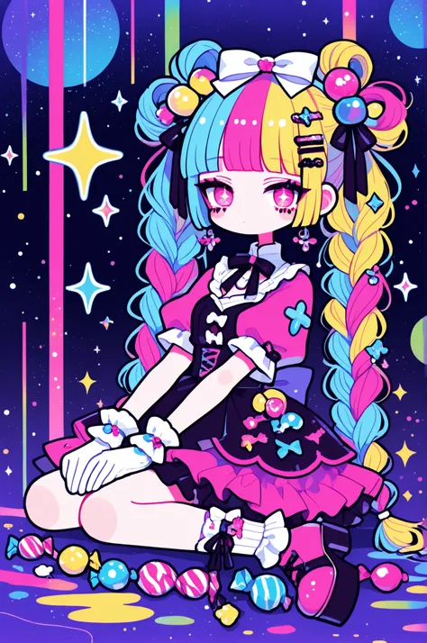 
Woman, solo, gloves, rimless,pink eyes, Long Hair,hair ornaments, hairpin、ribbon, colorful, pop background、multi-colored hair, Full Body、Sparkling Makeup on Her Face、Harajuku、Lolita、Highest Quality、candy、braids