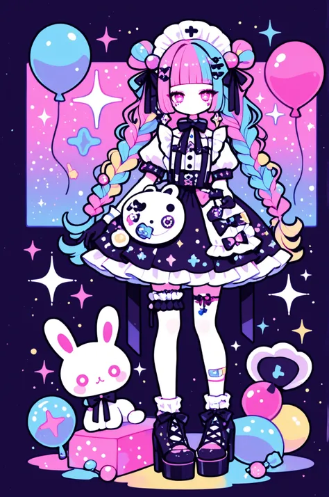 
Woman, solo, gloves, rimless,pink eyes, Long Hair,hair ornaments, hairpin、ribbon, colorful, pop background、multi-colored hair, Full Body、Sparkling Makeup on Her Face、Harajuku、Lolita、Highest Quality、candy、braids
