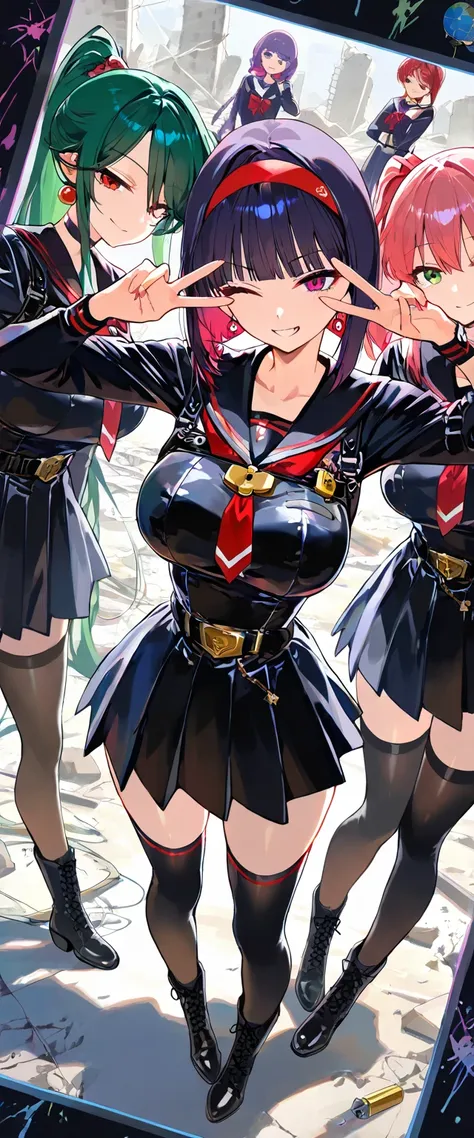 (beautiful girl : 1.3),5 Girls,(ARW),(black sailor suit,turtlenecks, arm roll up,Overflowing Advance,headband,earrings,belt,Harness,Lock,globe,boots,stockings,ガーターbelt),dark haired,pink hair,purple hair, green hair,Red hair,bob cuts,ponytail,braids,サイドponytail, Low pigtails,Smile Yan,reckless attitude,evil expression,provocative attitude,Keen Eyes,v over eyes,wink,Group Photo, in the middle,Concrete Ruins,crack,spray graffiti,dynamic angle,masterpiece,Highest Quality,Rich Contrasts,high image quality,8k,High-Definition CG Unit Wallpaper,Textures,unbelievably absurd,RAW pictures,Deep Border 1 .2,very detailed