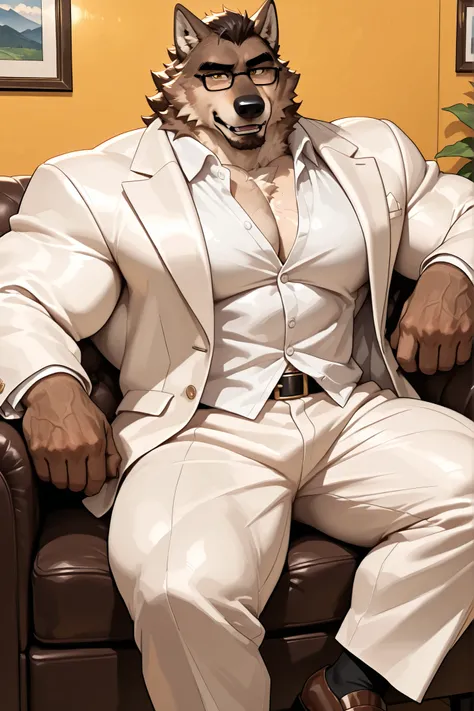 MrWolf, Cream-White Suit, Cream-White Pants, White Shirt, Brown Shoes,solo, muscular, Mr. Wolf, glasses, very huge pectoral, sofa, detailed eyes, wide shoulder, thick arms, wide pectoral, muscle, detailed eyes, focus eyes, shirtless, masterpiece:1.3, semir...