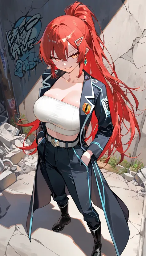 (beautiful girl : 1.3),1 girl,(ARW),(Bōsozoku,Special Attack Uniform,gang,black long coat,white tube top bra,earrings,belt,black oversized pants,boots),Red hair,ponytail,hairpin,Smile Yan,reckless attitude,evil expression,provocative attitude,Keen Eyes,Bike,crouches,Concrete Ruins,crack,spray graffiti,dynamic angle,masterpiece,Highest Quality,Rich Contrasts,high image quality,8k,High-Definition CG Unit Wallpaper,Textures,unbelievably absurd,RAW pictures,Deep Border 1 .2,very detailed
