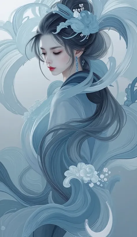 dis211.a painting or illustration that combines elements of both photography and painting. It features a stylized depiction of an asian woman with flowing hair, set against a backdrop of swirling water splash and waves. The gotteslike woman's serene expre...