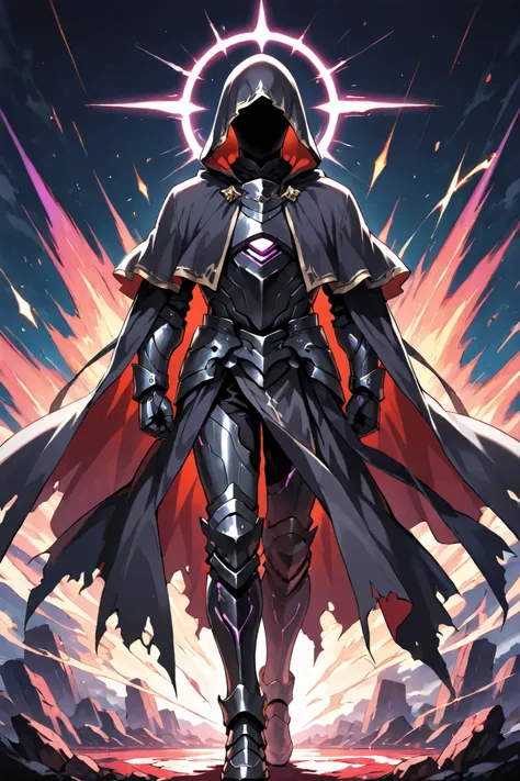  (masterpiece, vibrant colors), solo, 1guy, dark cloak, hooded, faceless, no face, iron boots, iron gauntlets