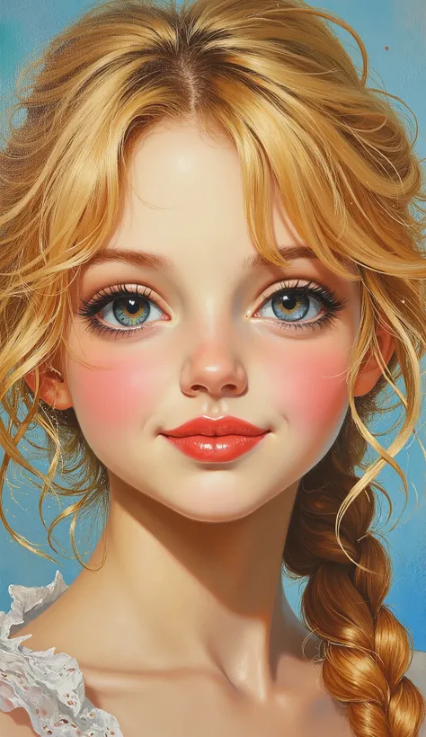nicoletta ceccoli as cute young girl blushing face and tousled blonde hairs long-hairs, swimwear, blue-big-eyes, gorgeous face, happy smiles, масло на холсте,толстые штрихи,безумные детали,8K ультра HD, шедевр, Искусство