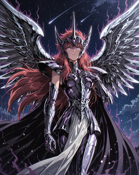 side angle, {1woman}:(a beautiful and attractive woman, with a sensual body, expressive purple eyes, long red hair, wearing the Gryphon Surplice from Saint Seiya, the armor is sinister and elegant, jet black with deep purple metallic highlights, decorated ...