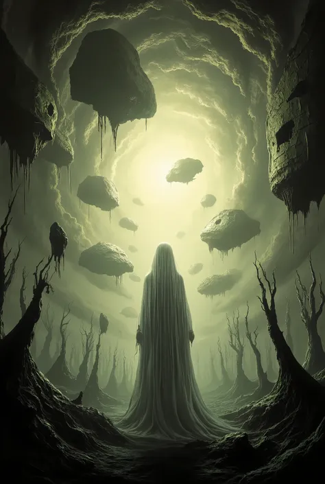 Surreal landscape painting, a mysterious figure in flowing white robes standing amidst floating geometric shapes and distorted architecture, with an ethereal glow surrounding their silhouette, dreamlike atmosphere, full-body shot from a low angle perspecti...