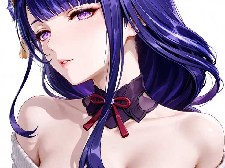 Raiden Shogun, upper body portrait, from neck up, beautiful face, seductive eyes, mature and married woman vibe, wearing a tight sweater, off shoulder sweater, sexy and elegant, detailed, genshin style, white background