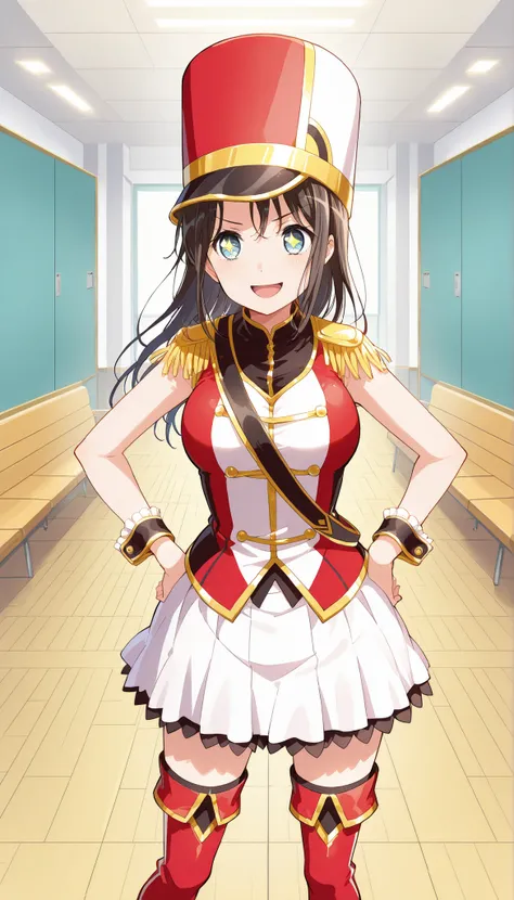 score_9, score_8_up, score_7_up, source_anime,solo, 1girl,<lora:Misaki_Okusawa:1>,Misaki Okusawa, ,kokorohhw, hhw skirt, hhw shako cap, hhw band uniform, hhw wrist cuffs, hhw thigh boots,long hair ,medium breast, rouge lips ,star pupils(gold star), standin...