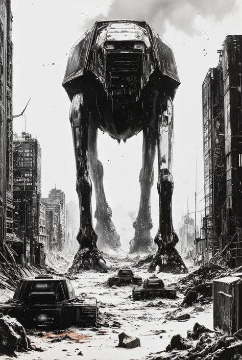 A brutally raw, black and white high-contrast WWII documentary photograph—crushed blacks, blown-out whites, and riddled with imperfections—depicting silhouette of a nightmarish AT-AT Walker emerging from the blizzard-choked ruins of Stalingrad. The image i...