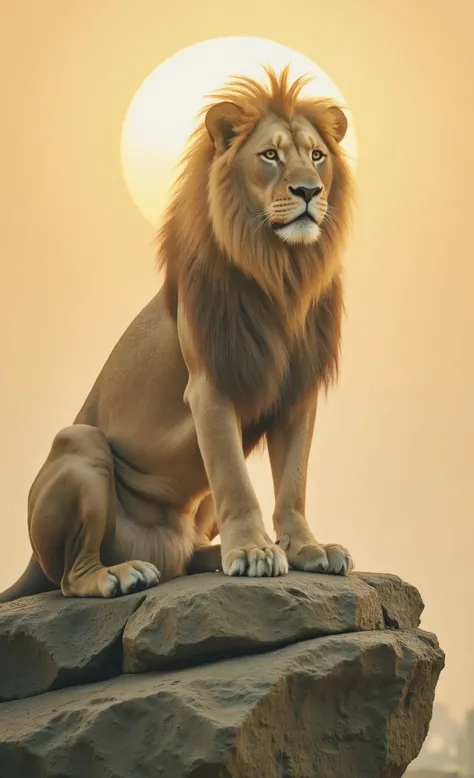 a proud lion resting on a rock under golden sunlight, soft wind through the mane, painterly look,