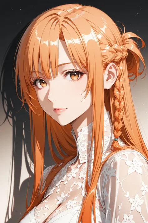 1girl, Yuuki Asuna, long hair, orange blond hair, ((hazel eyes)), straight bangs, side braid half updo, solo, soft curves, real light and shadow, beautiful detailed face, intricate details, masterpiece, best quality, color_gradient background,