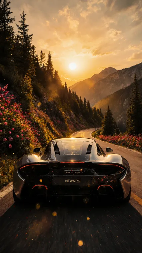 An award-winning masterpiece of an extremely beautiful visual delight, featuring an extremely beautiful super car driving into the sunset along a winding mountain road lined with vibrant flowers. The sun, low on the horizon, serves as the dominant light so...
