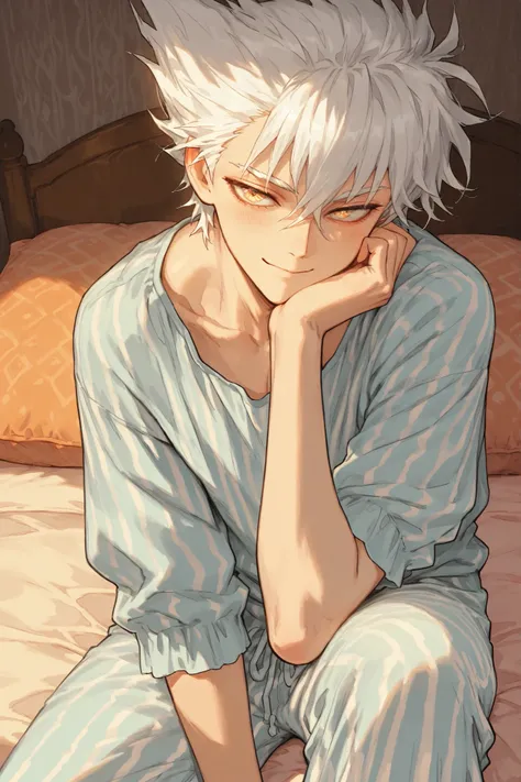 Best Quality, masterpieces, perfect detail, 1boy, Garou, Silver white matted hair, warm golden eyes, gentle smile, Blue pajama top with a striped pattern, Matching pajama bottoms,  comfortable pose , Seated leaning on a bed, Warm Light, cozy bedroom backgr...
