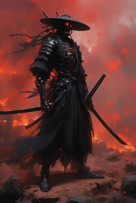 ( full body ) skeletal samurai in motion, powerful diagonal attack pose, dual-wielding luminous katanas, ornate bone-decorated black armor, blazing otherworldly eyes, apocalyptic red sky with ash storms, broken geta and architectural ruins, dynamic light...