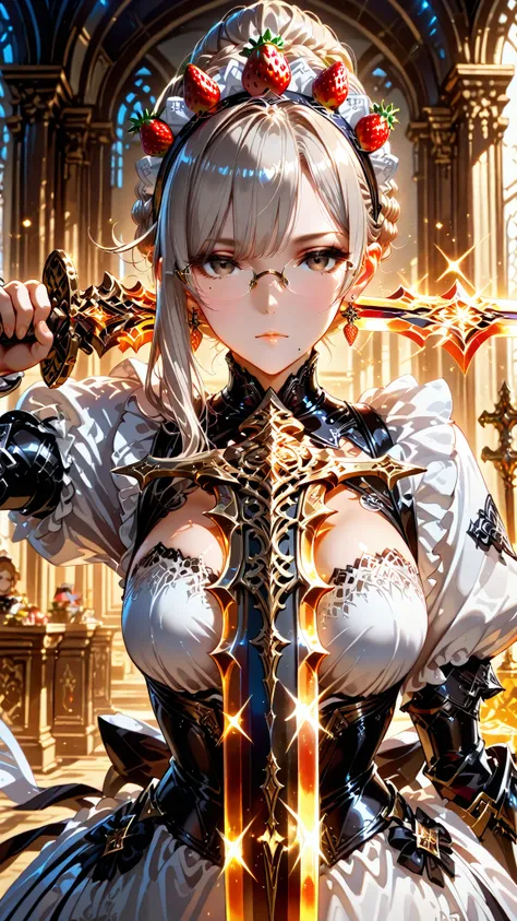 woman, silver blond, french braid, updo, single wavy sidelock, clever face, expressionless, brown eyes, (a large prominent dark mole to the left of her chin), rimless glasses, earrings, maid headband, corset, cleavage, ((wielding a magical sword infused wi...