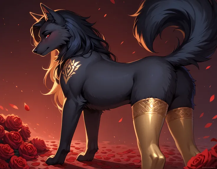 solo, reallynxgirl_style, ExpressiveH, masterpiece, best quality, seductive expression, (((feral))),female , shy, seductive, furry, black fur, black fluffy fur, black hellhound, furry, long hair, medium tail, slim body, seductive eyes, (jizoku), score_9, ...