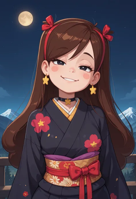 Mabel Pines, blush stickers, brown hair. black eyes. half-closed eyes, small saggy breasts, huge hips. long eyelashes, choker. | masterpiece, best quality, amazing quality, very aesthetic, perfect eyes, Sinozick_illu, crestyle, Sinozick_illu, gr4ph1t3, ,1g...