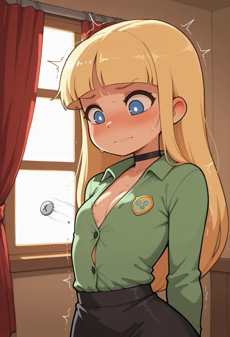 Pacifica Northwest, flat breasts, flat chest, skinny, huge hips, long hair, blonde hair, choker , | masterpiece,best quality,amazing quality, button gap, green shirt, blush, undersized clothes, black skirt, window, long sleeves, indoors, trembling, popped ...
