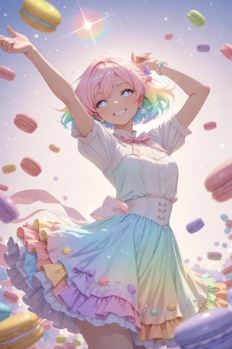 masterpiece, best quality, amazing quality, hyper-detailed, newest, very aesthetic,1 girl, short hair, rainbow hair, pearl hair accessories, blue-lilac eyes, pearl jewelry, colorful dress made from a macaron, macaron with cream filling, short sleeves, bow,...