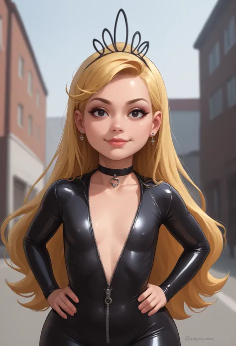 flat breasts., bbw, huge hips, looking at viewer, 1o1a, blonde hair, tiara, Black eyes, earrings, necklace, choker. | Dark Phoenix , superhero female , 1girl , solo , evil eyes , big giant hair, makeup , sexy latex unzipped , upper body , looking at viewer...